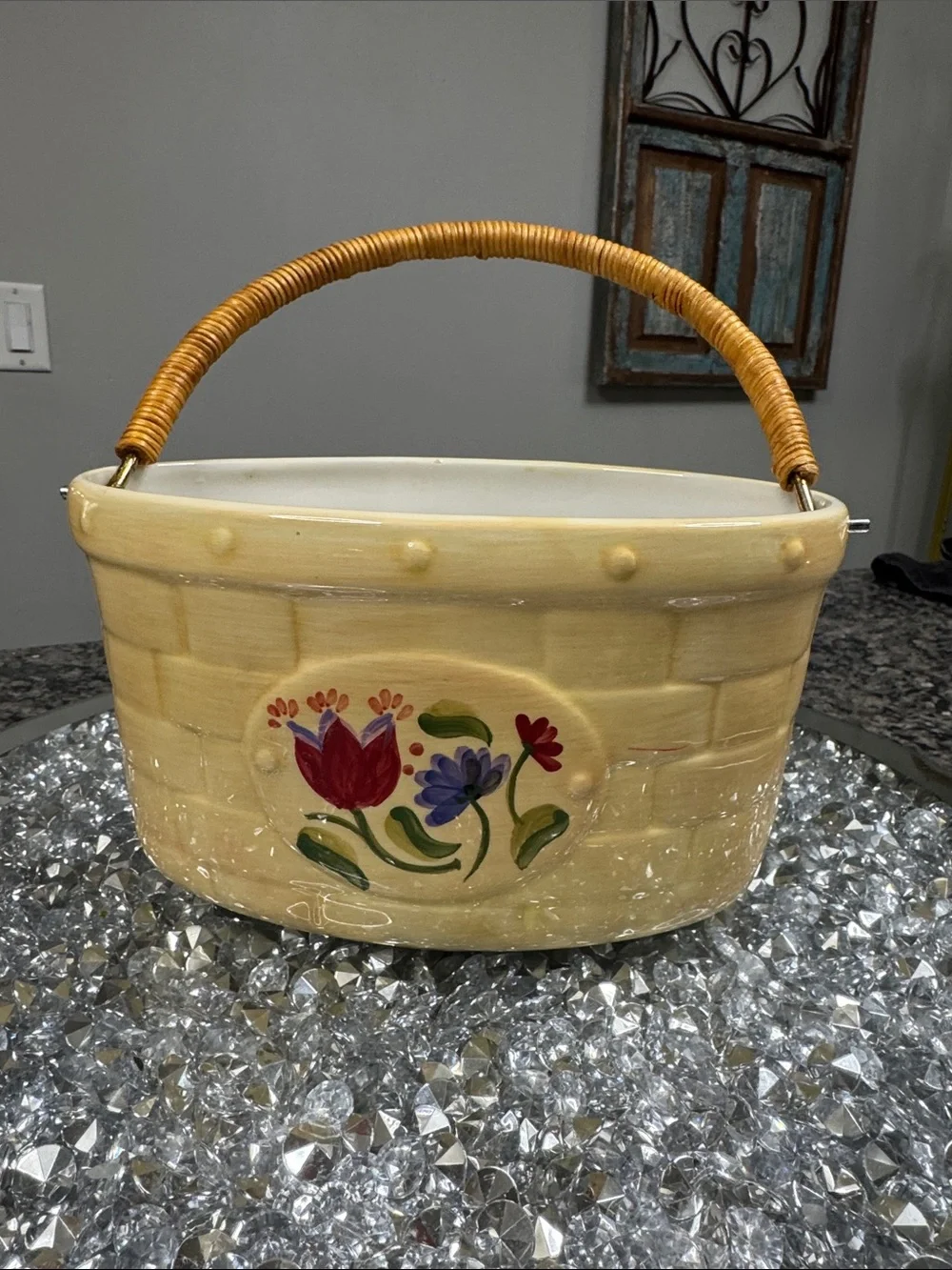 Pfaltzgraff vintage Ceramic Basket Planter with Floral Motif and Woven Handle